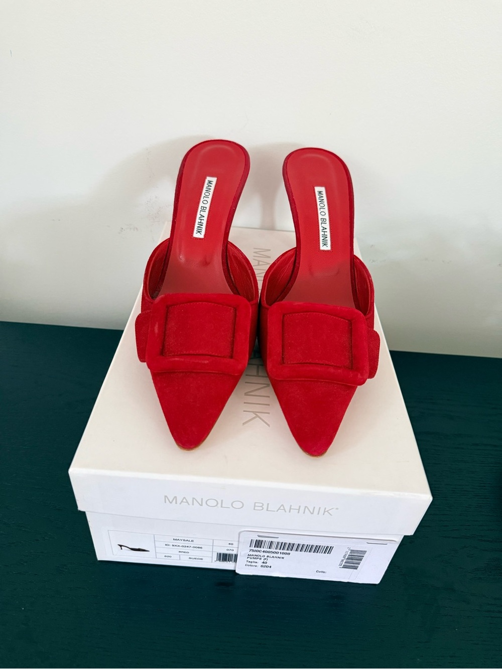 Manolo Blahnik Red Suede Pointed-Toe Buckle Mules - Picture 3 of 7